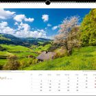 Kalenderseite mit April-Kalender. Oben: Landschaft mit grünen Hügeln, blühendem Baum, kleinem Dorf und blauem Himmel.