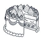 Illustration einer Torte mit Erdbeeren und Sahnetuffs, eine Tortenstück fehlt, das Innere zeigt Schichten.