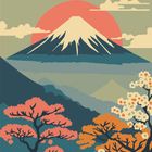 Illustration: Ein stilisierter Berg mit Schneekuppe vor einer roten Sonne, umgeben von blühenden Bäumen in Orange und Rosa.