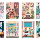 Sechs Illustrationen, vier mit Text: "GO YOU GIRL", "LOVE YOURSELF", "HOME", "#STAYHOME". Szenen von Entspannung und Zuhause.