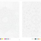 Zahlen in kleinen Formen, komplexe geometrische Muster auf zwei Seiten. Ovales Mandala links, rechteckiges Muster rechts.