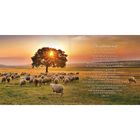 Text: "Du gehst mir nach... Lukas 15,4". 
Eine Schafherde auf einer Wiese vor einem Baum mit Sonnenuntergang.