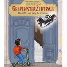 „GESPENSTERZENTRALE: Das Rätsel der Zeitreise“. Ein Kind mit Roller und Rucksack vor einer großen, geöffneten Tür.