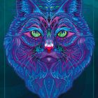 „KATZE Unabhängigkeit“ in bunten Mustern. Ein detailliertes, neonfarbenes Katzenillustration auf dunklem Hintergrund.