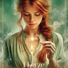 "1. Kerze. Wachstum * Erkenntnis * Weisheit." Eine Frau mit roten Haaren zündet eine Kerze an.