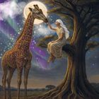 "Giraffe & Akazie: Weitsicht · Anpassung · Perspektivwechsel." Frau auf Baum trifft Giraffe in nächtlicher Fantasieszene.