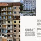 Links: Gebäudefassade mit beschädigten Balkonen. Rechts: Text über Stadtsanierung während Kriegszeiten in der Ukraine.