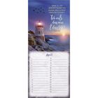 Text: "Über allen Hiobsbotschaften dieser Welt steht Hiobs Botschaft: 'Ich weiß, dass mein Erlöser lebt!' Hiob 19,25." Darunter ein Kalender für April. Links ein Leuchtturm auf Klippen bei Sonnenuntergang, im Himmel fliegen Vögel.
