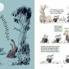 BUHUHUUU. Herr Nachbar, wie schön, dass ich Sie zufällig treffe! Darf ich kurz stören? Illustration mit Wald und Tieren.