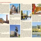 Herausragende Sehenswürdigkeiten werden beschrieben, darunter Samarkand, Buchara, Taschkent, Termiz, Chiwa, Ferghana, Kokand und No’kis.