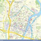 Stadtplan von Danzig mit Straßennamen und Sehenswürdigkeiten, darunter Rechtstadt und Altstadt, umgeben von Flüssen.