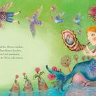 bis an den Grund des Meeres tauchen [...] mit Fischen um die Wette schwimmen. Illustration: Meerjungfrau bläst in Muschel, fliegende Fische.