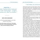 Links: Kapitel 1 und ein Zitat über digitale Transformation. Der Text betont, dass Transformation bei Entscheidungen beginnt. Rechts: Diskussion über Herausforderungen und technische Veränderungen in Organisationen.