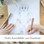Text: "Gratis Ausmalbilder zum Download". Ein Kind malt eine Weihnachtsmann-Vorlage mit Buntstiften aus.