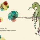 Text: "Und zoberscht obe? D Tina hät gmäint, si gsäch nöd rätt!" Eine bunte Illustration mit Drachen und Eulen auf Ästen.