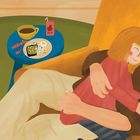 Text: "Papa macht mit dem Baby einen Spaziergang. In der Zeit darf Lina bei Mama auf dem Schoß sein. Mama ist warm, lieb und riecht gut."

Illustration zeigt Mutter und Kind, das auf ihrem Schoß sitzt, neben einem Tisch mit Essen.