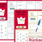 „Meine Zahl des Tages“, „heißt:“, „0-10“, „0-20“, „Rückseite“. Arbeitsblätter mit Zahlen, Aufgaben und einem Stift.