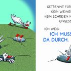 Es steht geschrieben: "Getrennt für immer. Kein Weinen, kein Schreien macht es ungeschehen. Ich weiß: Ich muss da durch." Links sind Illustrationen von Enten, die in Löcher fallen oder durchgucken.