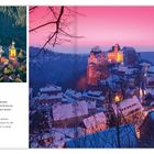 Text beschreibt Hohnstein und seine Geschichte. Links Stadt im Grünen, rechts winterliche Abendstimmung mit Schnee.
