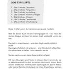 Texte: "DEINE 7 SUPERKRÄFTE:". Auflistung von Fähigkeiten wie Gedanken, Perspektive, Vorstellung, Dialog, Körper, Gewohnheit, Entscheidung.