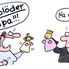 Links "Du blöder Papa!!!", rechts "Na also!" Zwei Personen nutzen Handpuppen: links eine rötliche Figur, rechts eine königliche.