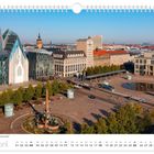 April-Kalenderblatt mit Datum. Ansicht von Leipzigs Innenstadt am Augustusplatz, moderne Architektur und ein Brunnen im Vordergrund.