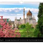 April, Yenidze. Ein Gebäude mit großer Kuppel und Minaretten; blühender Kirschbaum im Vordergrund. Kalenderansicht.