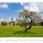 "Frühling an der Kirche in Pretzschendorf" unten. Ein blühender Baum im Vordergrund, Kirche im Hintergrund, April Kalenderblatt.