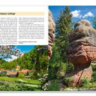 Text: "Im Zittauer Gebirge" und "Der Kelchstein oberhalb von Oybin". Links farbenfrohe Landschaft mit Dorf, rechts Felsformation.