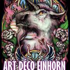 "Step by Step | Art Déco Einhorn" und "Art Déco Einhorn" in großen Buchstaben. Fantasy-Einhorn mit floralen Elementen.