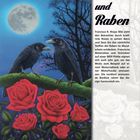 Logo mit Titel: "Rosen und Raben". Zwei Raben auf einem Ast im Mondlicht, umgeben von roten Rosen.