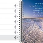JANUAR 2027. Ein verschneiter Strand mit blauem Himmel und einem nachdenklichen Spruch in weißer Schrift.