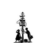 „Aha, Ich wette, du hast noch keinen eine Glocke läuten sehen.“ Silhouette: Frau mit Hut, Mann mit Hut am Laternenpfahl.