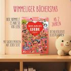„WIMMELIGER BÜCHERSPASS, HIER WIMMELT ES NUR SO VOR LIEBE, AB 2 JAHREN, MIT SUCHELEMENTEN AUF JEDER SEITE.“ Buch und Plüschtier.