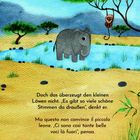 Text beschreibt die Gedanken eines kleinen Löwen. Illustration: Ein Elefant steht im Wasser, ein Affe hängt am Baum.