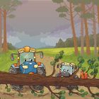 Zwei traurige Traktoren stehen vor einem umgestürzten Baum, umgeben von einem Wald und Eichhörnchen.