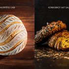 Links: "Sauerteig Laib" über einem runden Brot mit Mustern. Rechts: "Kürbisbrot mit Sauerteig" neben aufgeschnittenem, kernigem Brot.