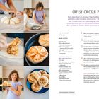 "Cheesy Chicken Pockets" Rezept. Zutaten und Anweisungen links. Bilder zeigen Zubereitungsschritte und fertige Pockets.