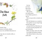 „Das blaue Zelt“ in handschriftlicher Schrift, umgeben von Pflanzenillustrationen. Zwei Buchseiten mit Text über Zeltaufbau.