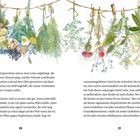 Seiten 20 und 21. Text über getrocknete Kräuter, aufgehängt an einer Leine im Zimmer. Illustrationen von hängenden Pflanzen.