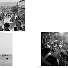 Aus: Ein Dorf | Ludwig Schirmer | Silbergelatineabzug | 1950–1960. Oben links Straßenszene, unten links Feldszene, rechts Partyszene.