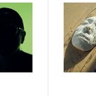 Links: Silhouette einer Person mit Brille vor grünem Hintergrund. Rechts: Tonmasken-Gesicht auf einem Tisch im Sonnenlicht.