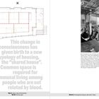 "This change in consciousness has given birth to a new typology of housing, the 'shared house'." Links ein Grundriss, rechts eine Gruppe von Personen in einem Raum.