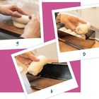 Texte: "3", "4", "5", "BROT 35". Drei Fotos zeigen Hände, die Teig für Brot formen und in eine Backform legen.