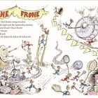 Text: "FROHE FROHE ... würden alle Huh-Kinder zeitig erwachen ..."

Beschreibung: Eine farbenfrohe, chaotische Szene von feiernden Kindern.