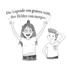 „Die Legende von gestern trifft den Helden von morgen.“ Zwei fröhliche Kinder heben die Arme, ein Junge mit Hand am Kopf.
