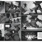 Eine Schwarz-Weiß-Comicseite. Krieger kämpft gegen riesigen feurigen Riesen mit einem Schwert. Texte: Heldentum und Bedrohung.