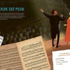 „Die Sprache der Musik“ steht oben. Zu sehen sind Notenblätter und zwei Personen, ein Mann im Anzug und eine Frau im roten Kleid.
