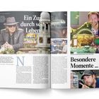 Links: "Ein Zug durch sein Leben". Rechts: "Besondere Momente ...". Udo Lindenberg mit Hut, Modelbahnen und Personen.