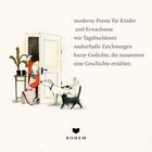 Texte: „moderne Poesie“, „wie Tagebuchlesen“, „zauberhafte Zeichnungen“, „kurze Gedichte“. Illustration: Person, Hund, Katze.